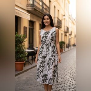 West Loop Sleeveless Sun Dress - Brown & White Palm Leaf Tropical - Size M NWT